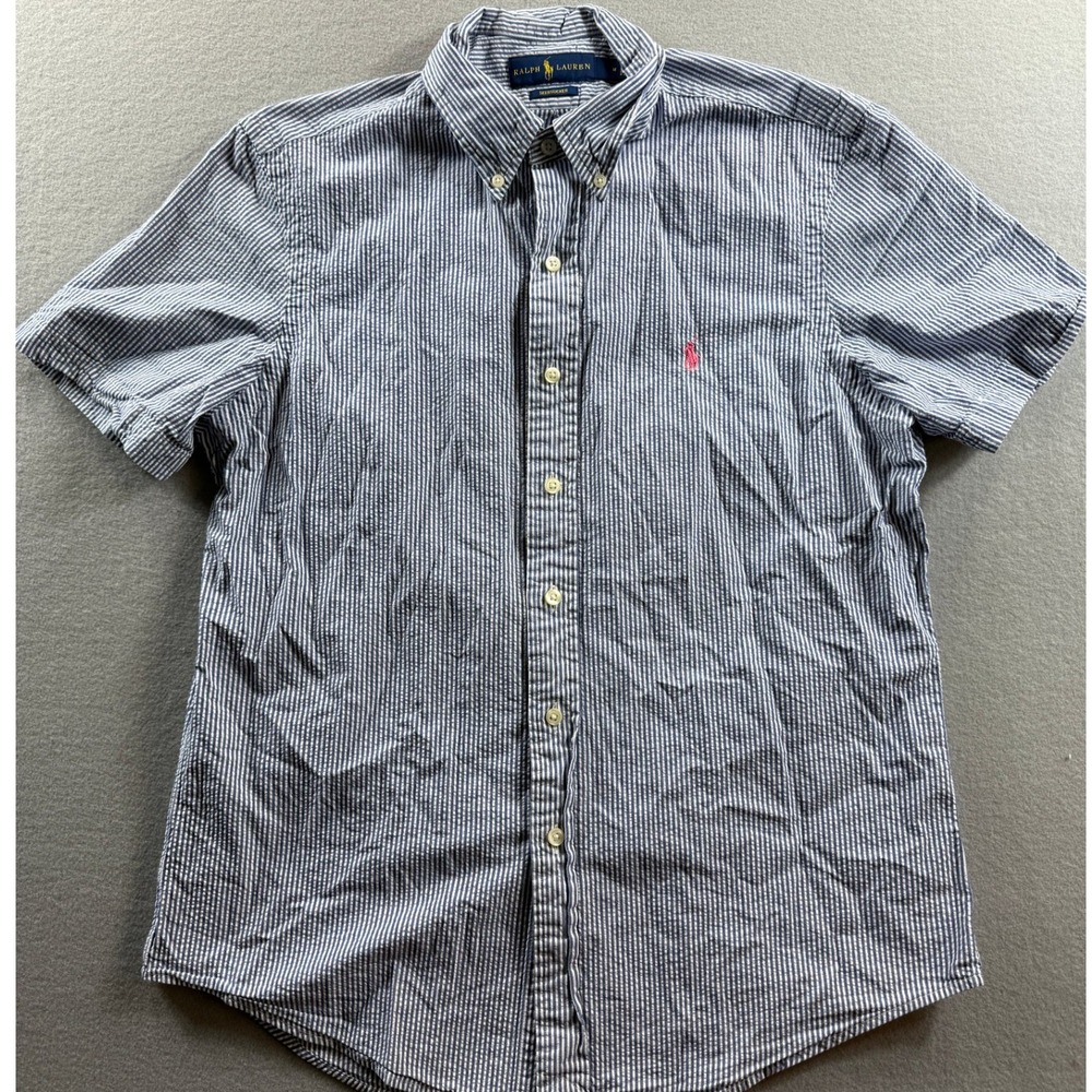 Ralph Lauren Button Down Shirt Mens Medium Blue Seersucker Striped Short Sleeve